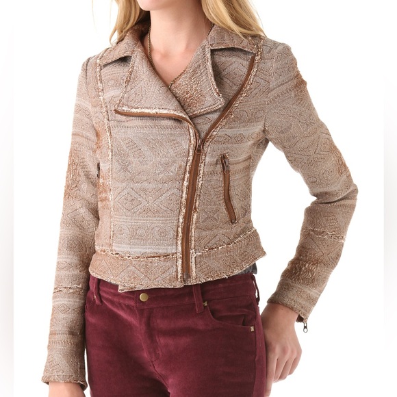 Free People Moto Style Distressed Jacquard Jacket size 0 Brown Woven Tapestry - Picture 3 of 16